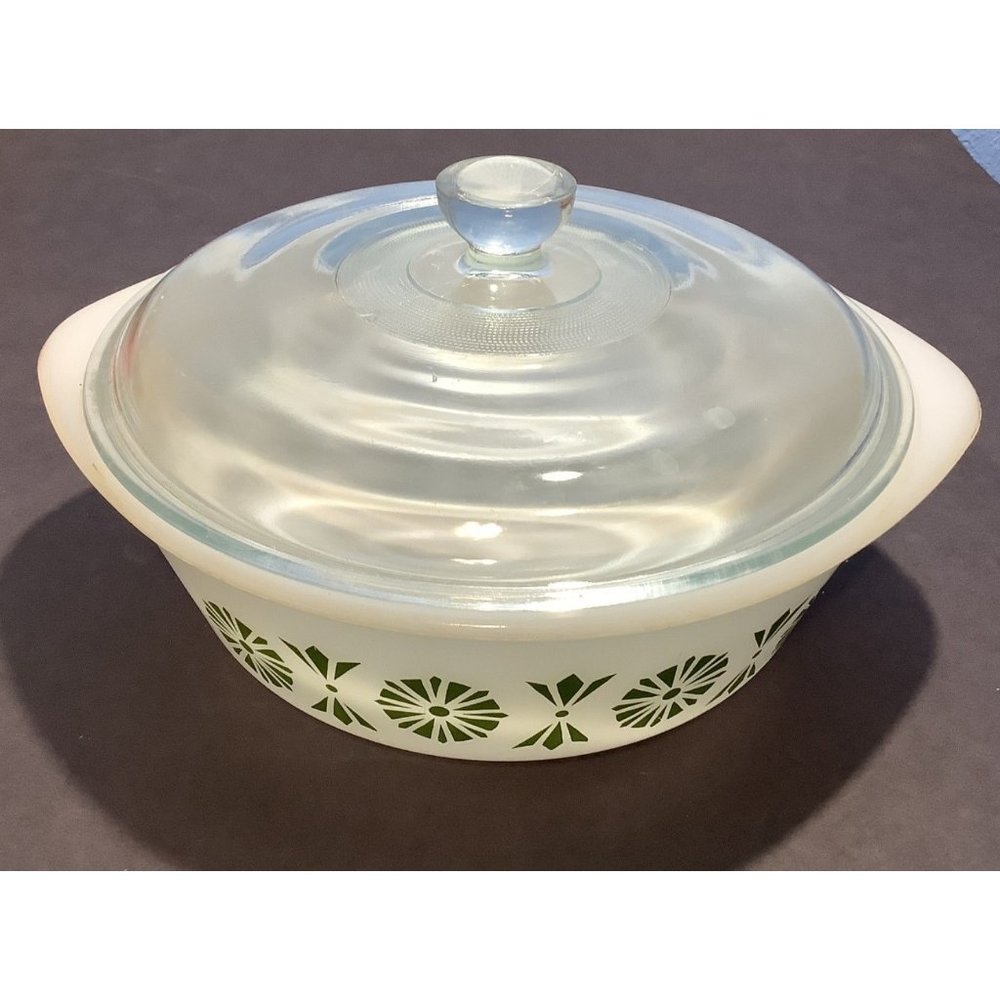 Glasbake 514 Dish Green Floral  Spring Blossom Casserole 2 Quart W/ Lid VTG